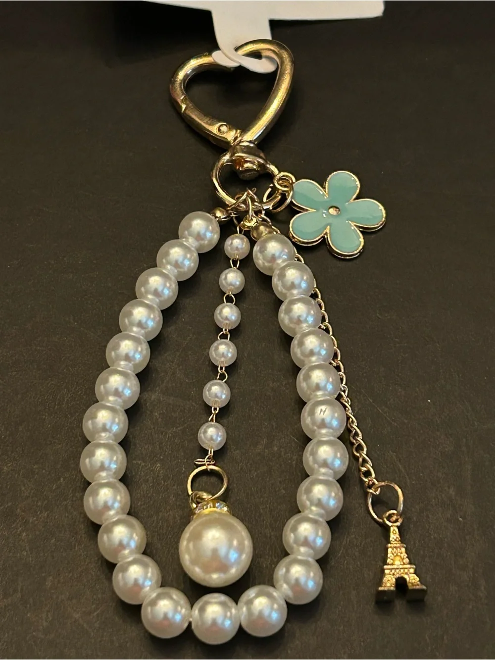Silver or Gold w/Colored Enamel Flower Faux Pearl Wristlet Keychain Bag Charm